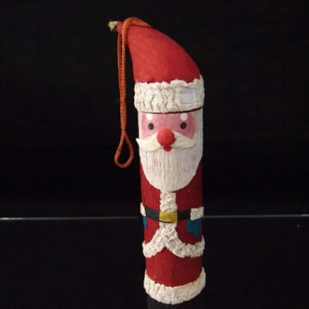 Vintage Christmas Santa Ornament Paper Mache Santa Pencil Shaped Tree Bark